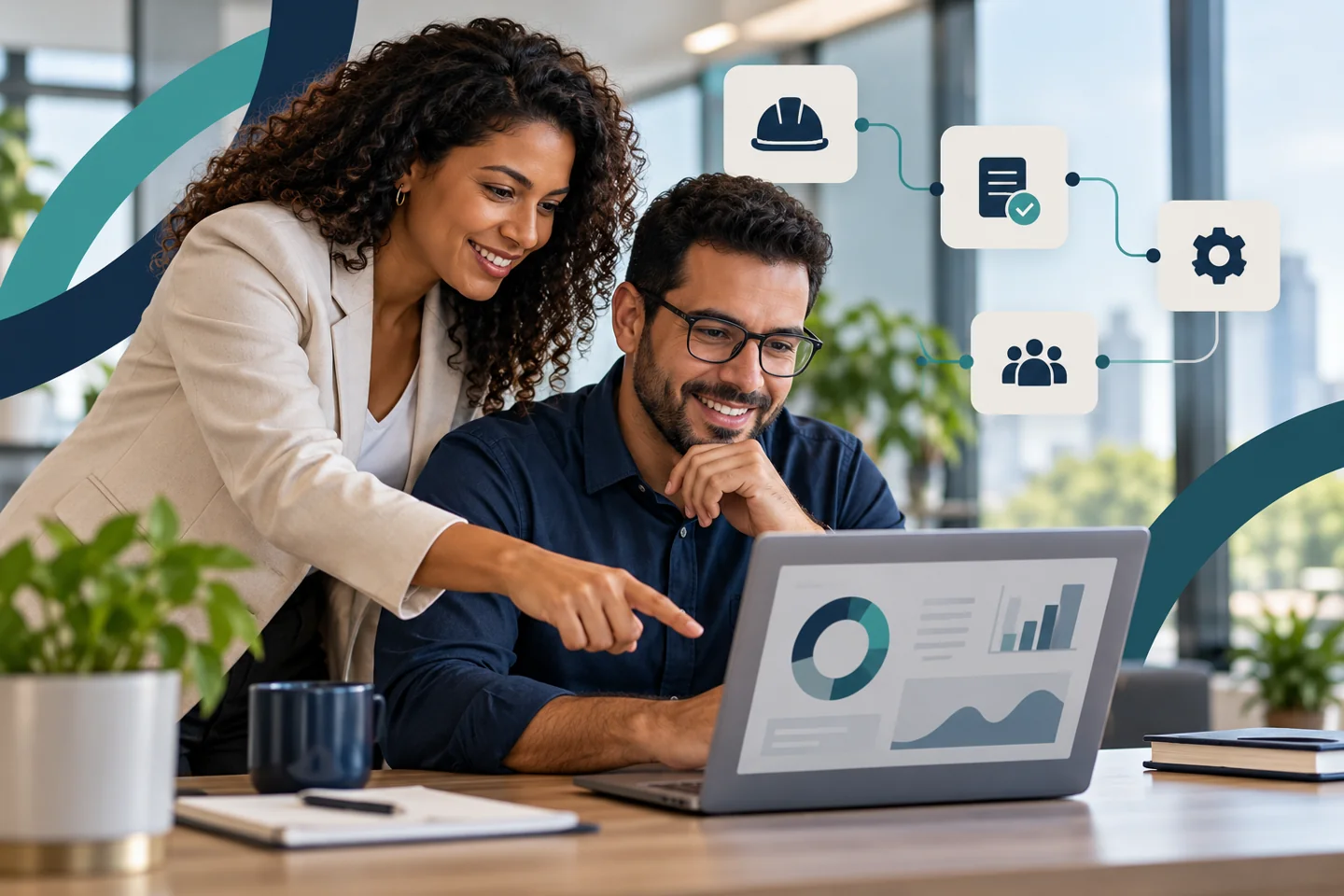 Consultores analisando um dashboard e processos de gestão ocupacional