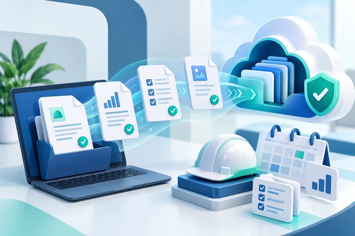 Documentos digitais e calendário conectados a uma nuvem de informações de SST