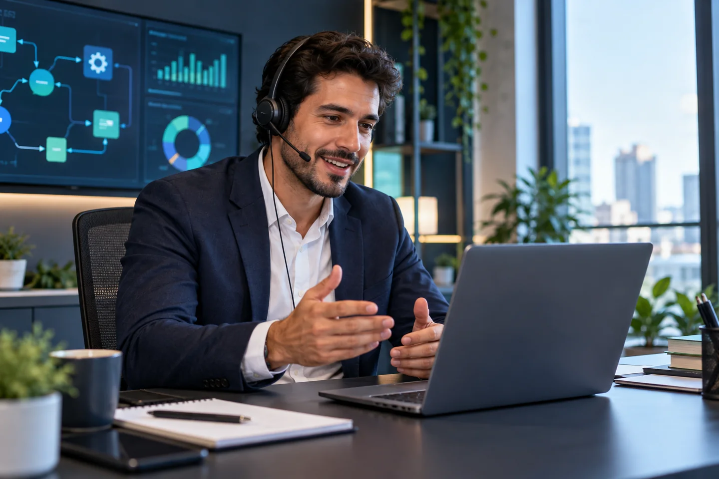 Profissional em atendimento consultivo remoto com headset e computador