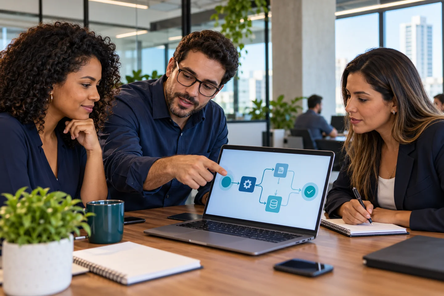 Equipe em treinamento sobre sistemas e processos de gestão